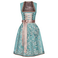 Teal corset-style Oktoberfest dress with floral pattern, lace edging and front bow ties
