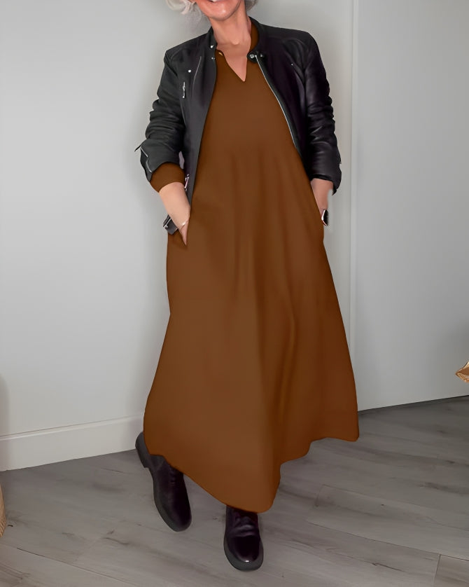 Long V-neck midi dress in brown with black jacket, three-quarter sleeves