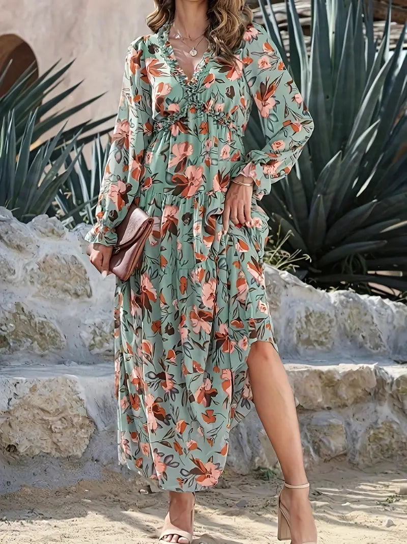 Mint green floral maxi dress with V-neck and long sleeves, side slit