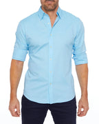 Light blue zip-front button-up shirt with roll-tab sleeves and collar