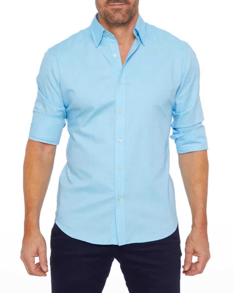 Light blue zip-front button-up shirt with roll-tab sleeves and collar