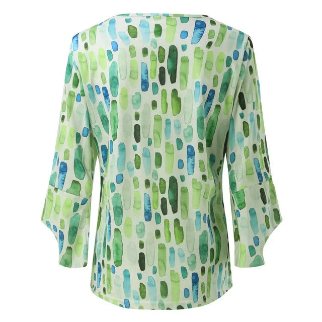 Women's printed blouse top, back view with green-blue abstract vertical pattern
