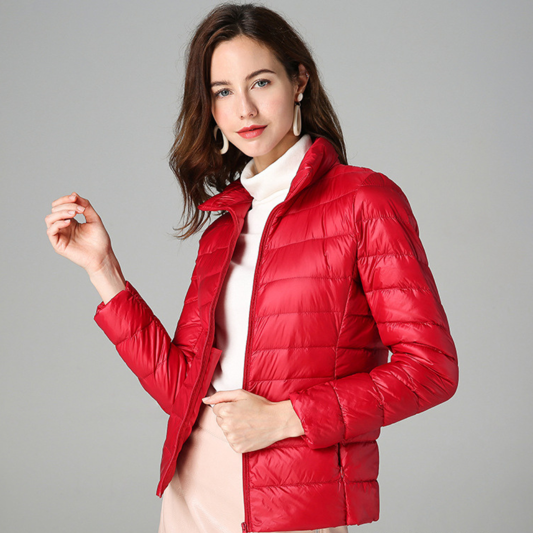 Red padded spring jacket with full zipper and stand collar
