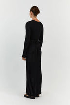 Black V-neck midi dress, back view, long sleeves with belted waist