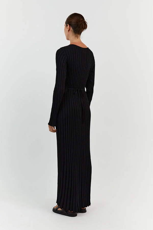 Black V-neck midi dress, back view, long sleeves with belted waist