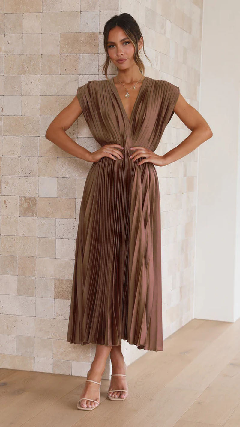 Brown pleated maxi dress with V-neck, gathered waist, and short puff sleeves