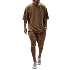 Brown relaxed summer set: short-sleeve T-shirt and knee-length shorts