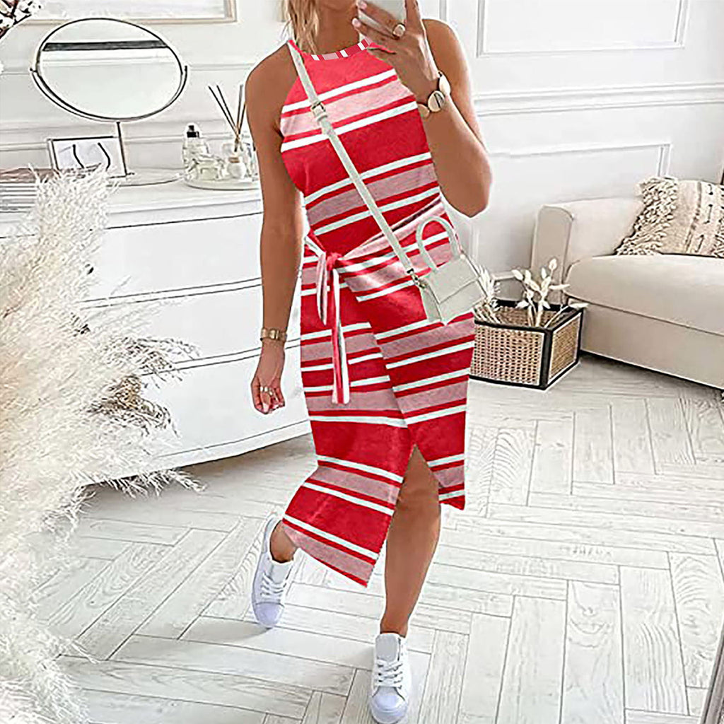 Sleeveless striped midi dress in red and white with tied waist and side slit