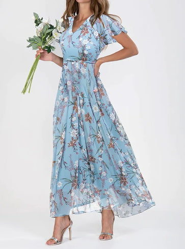 Light blue floral maxi dress with tie waist and ruffled short sleeves