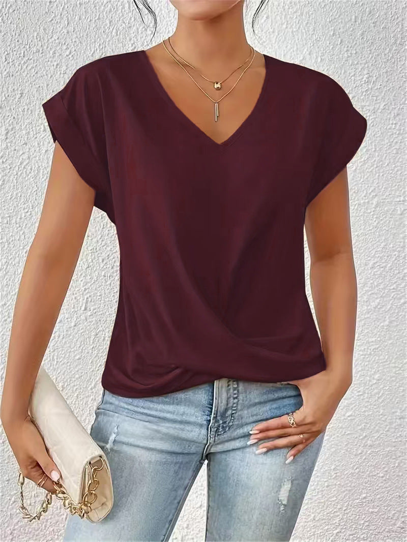Noa™ V-neck summer blouse in deep maroon, short sleeves, twist-front knot hem