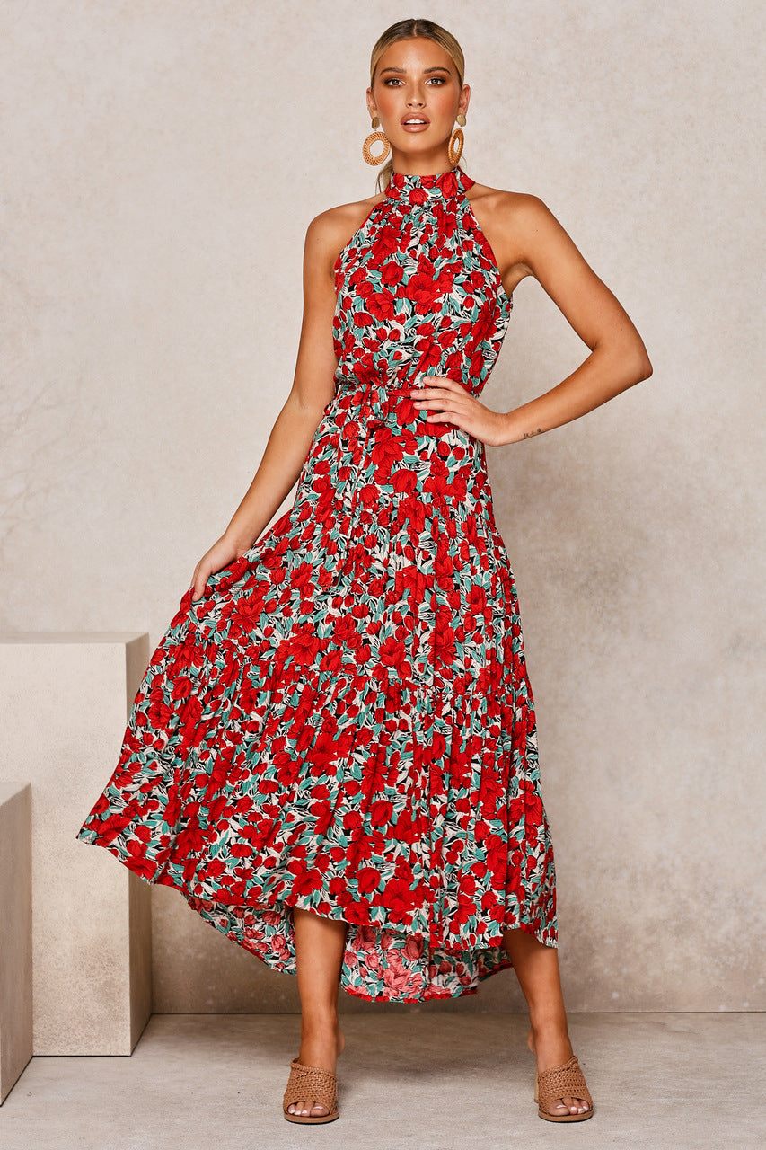 Red halter long floral dress with layered tiers and tie waist