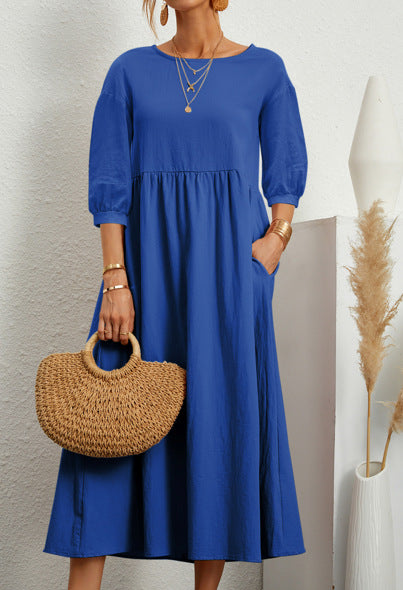 WEGAHTA long dress in royal blue with gathered waist and 3/4 puff sleeves