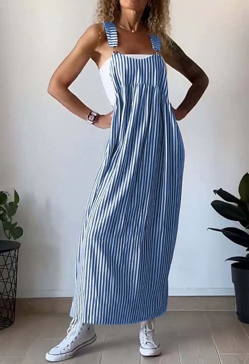 Blue striped loose-fit maxi dress with square neckline and sleeveless bodice