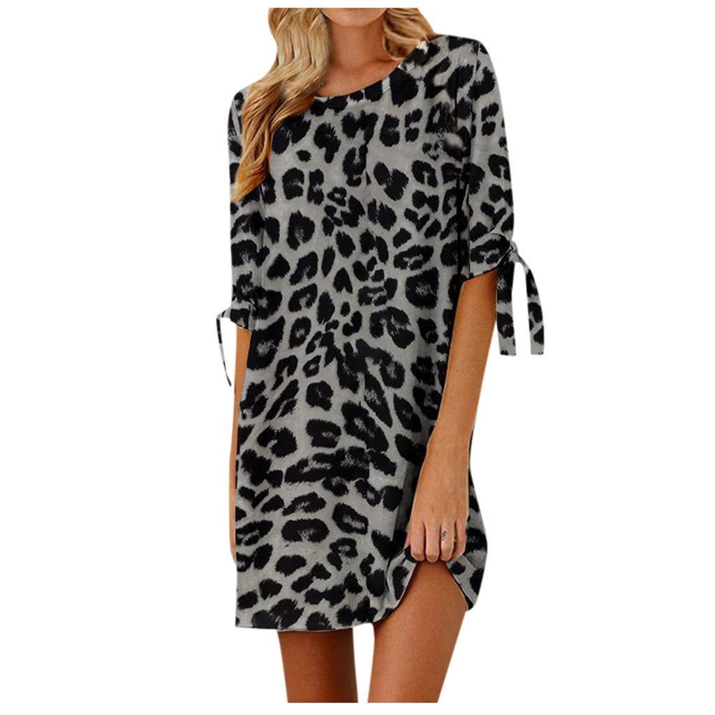 Leopard-print mini dress with round neck and side slit, tie-cuff detailing