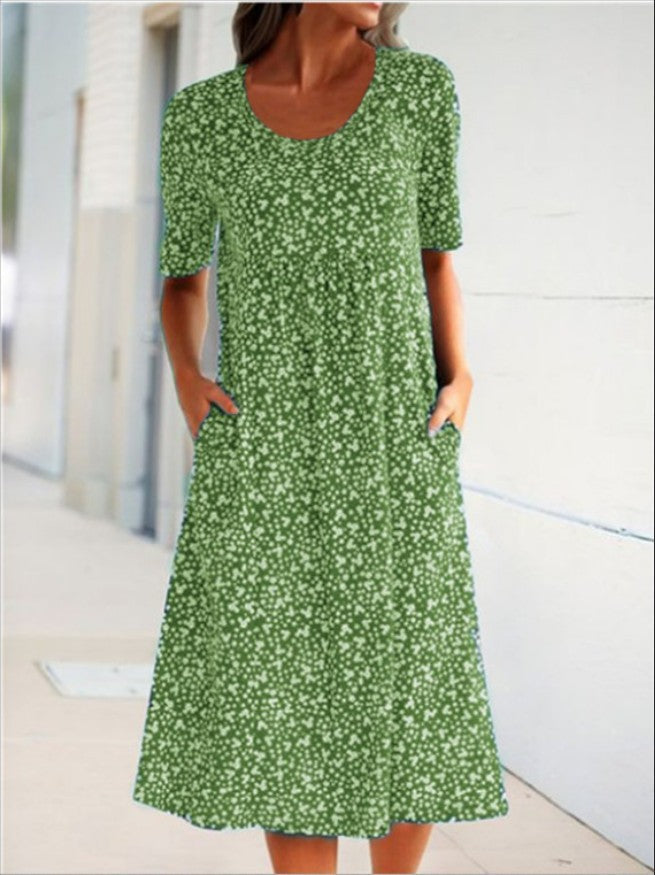 Green floral midi dress with short sleeves and scoop neckline