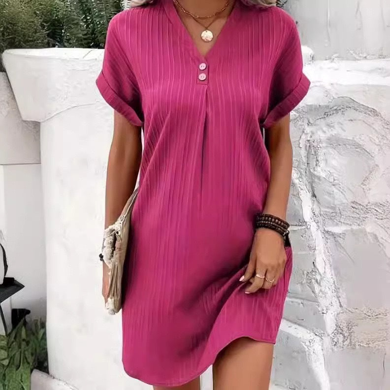 Rose mini dress with V-neck, button front, short sleeves, vertical stripe texture