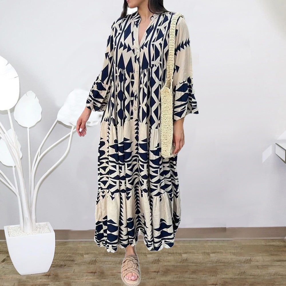 Women’s maxi dress with long sleeves, V-neck, blue and cream geometric print