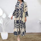 Women’s maxi dress with long sleeves, V-neck, blue and cream geometric print