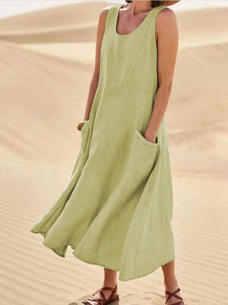 OONA sleeveless long summer dress in light green, round neckline and side pocket
