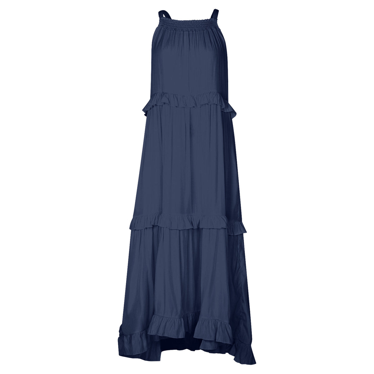 Navy tiered maxi dress with layered ruffle hem and sleeveless silhouette