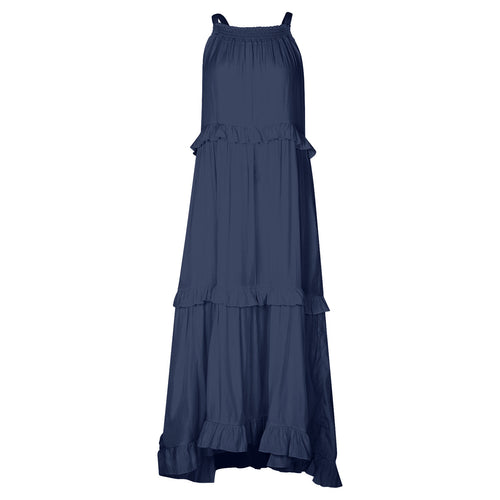 Navy tiered maxi dress with layered ruffle hem and sleeveless silhouette