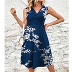 Elegant summer dress, sleeveless V-neck, draped waist, dark blue with scattered white florals