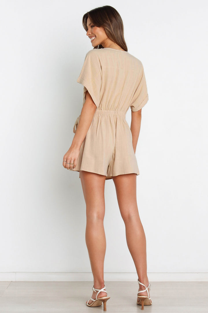 Beige wrap V-neck short-sleeve playsuit with back gathered waist tie