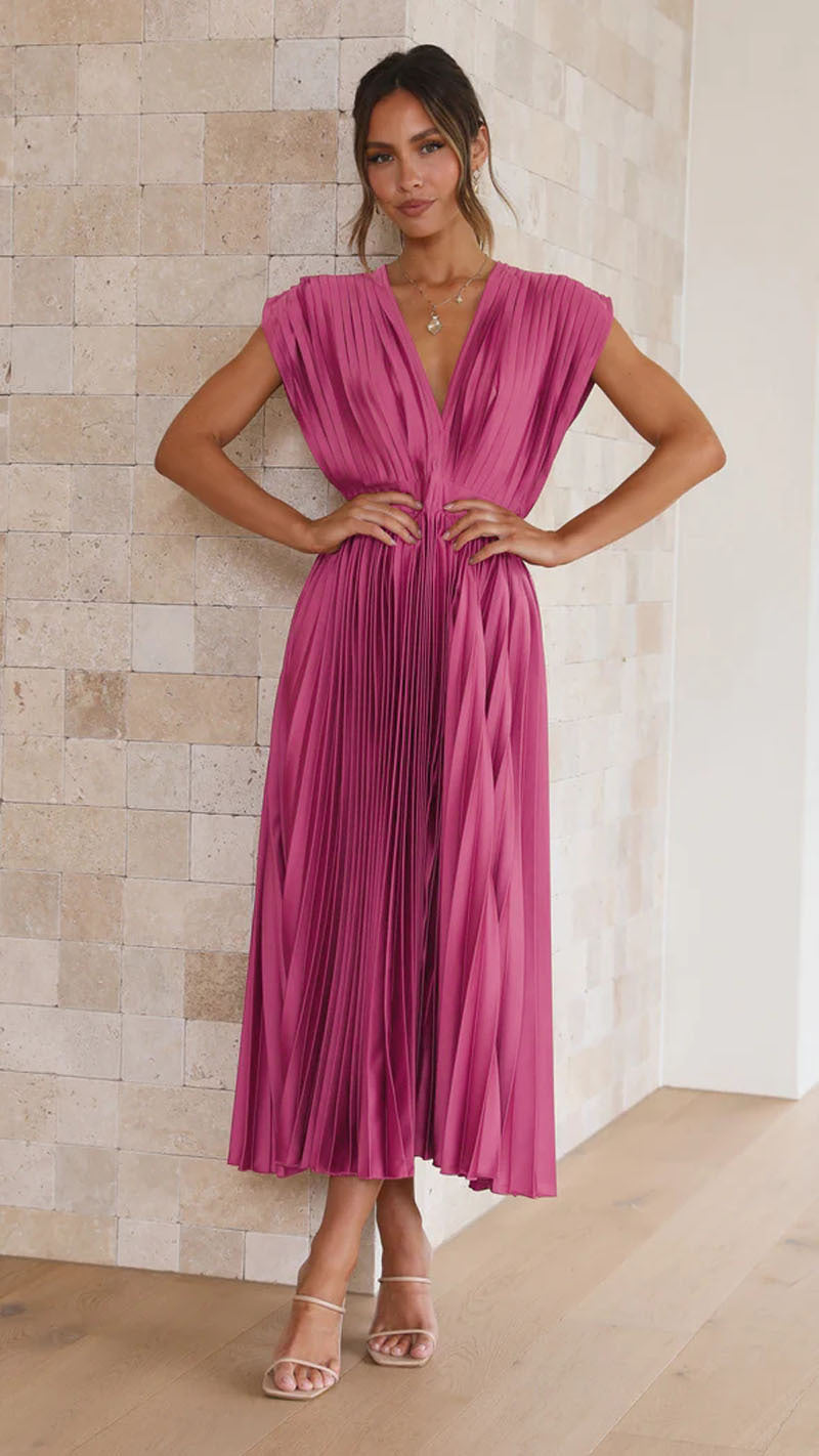 Purple pleated maxi dress with deep V-neck, draped bodice and cinched waist