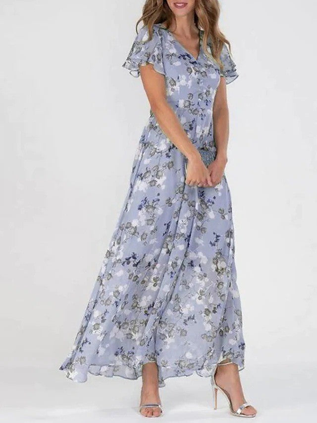 Light blue floral maxi dress with ruffled short sleeves and V-neck, gathered waist