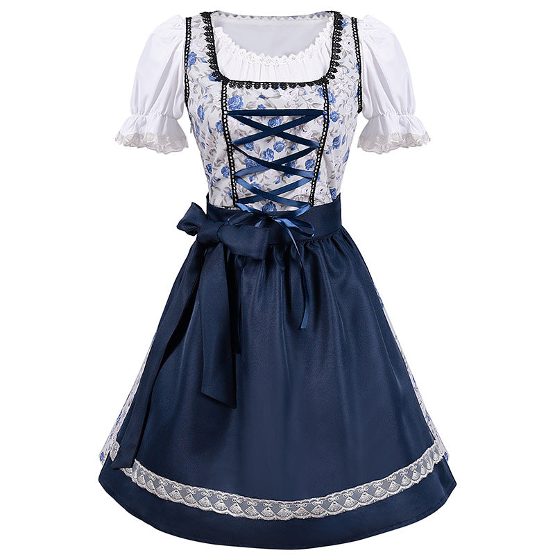 Front view folk dress with blue corset bodice, floral apron skirt, lace trim, puff sleeves