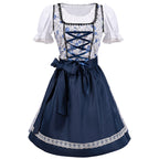 Front view folk dress with blue corset bodice, floral apron skirt, lace trim, puff sleeves
