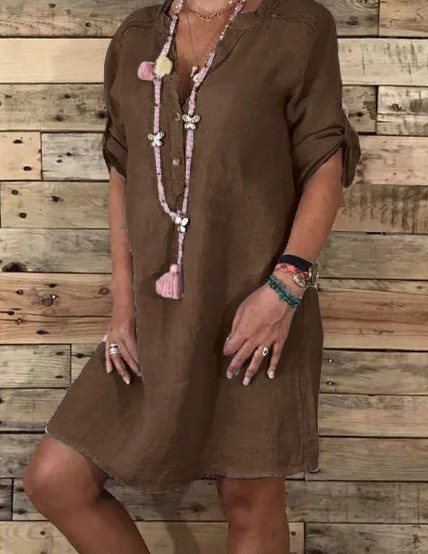 Brown cotton blouse dress with V-neck opening and short sleeves