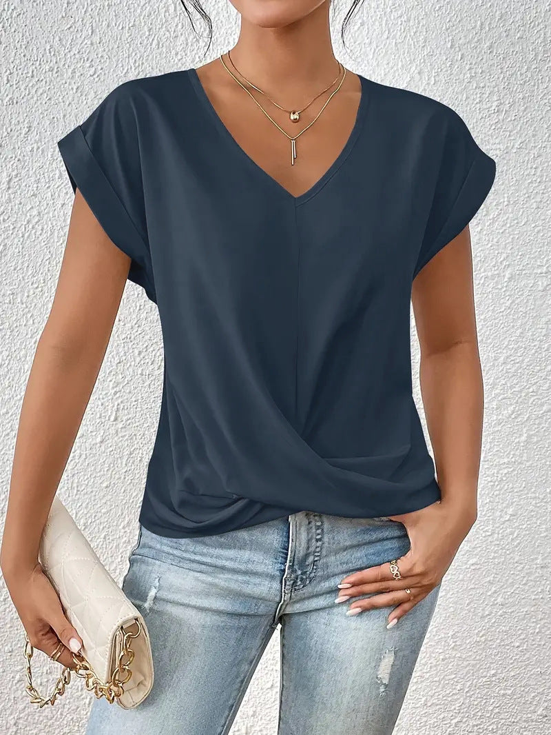 Noa™ V-neck summer blouse in dark navy, short sleeves, twist-front knot detail