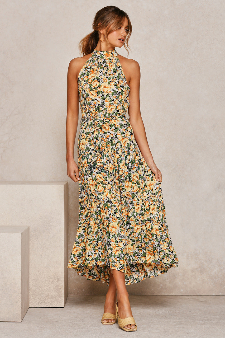 Multicolor halter long floral dress with gathered waist and flowy tiers