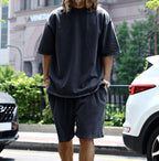 Black relaxed summer set: short-sleeve T-shirt and knee-length shorts