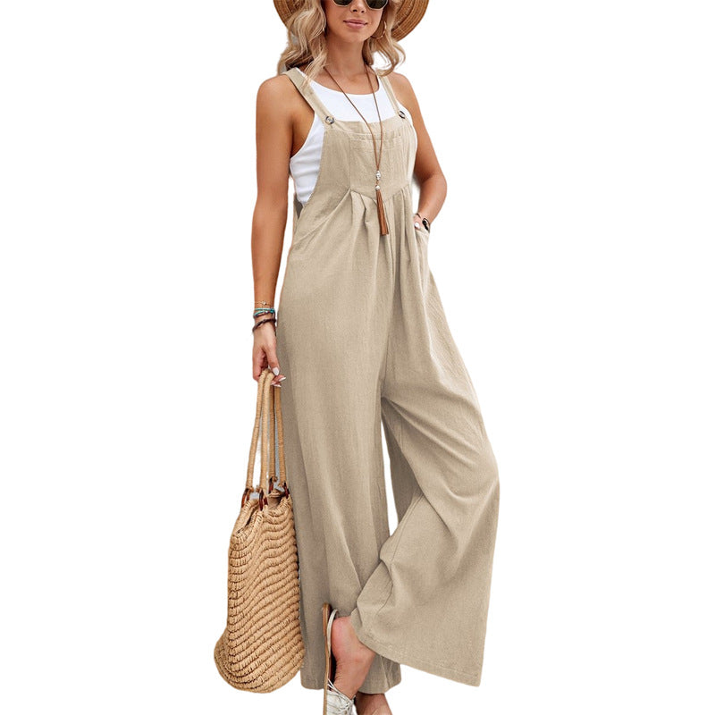Women’s casual sleeveless jumpsuit in light beige, tie-front straps and wide-leg pants