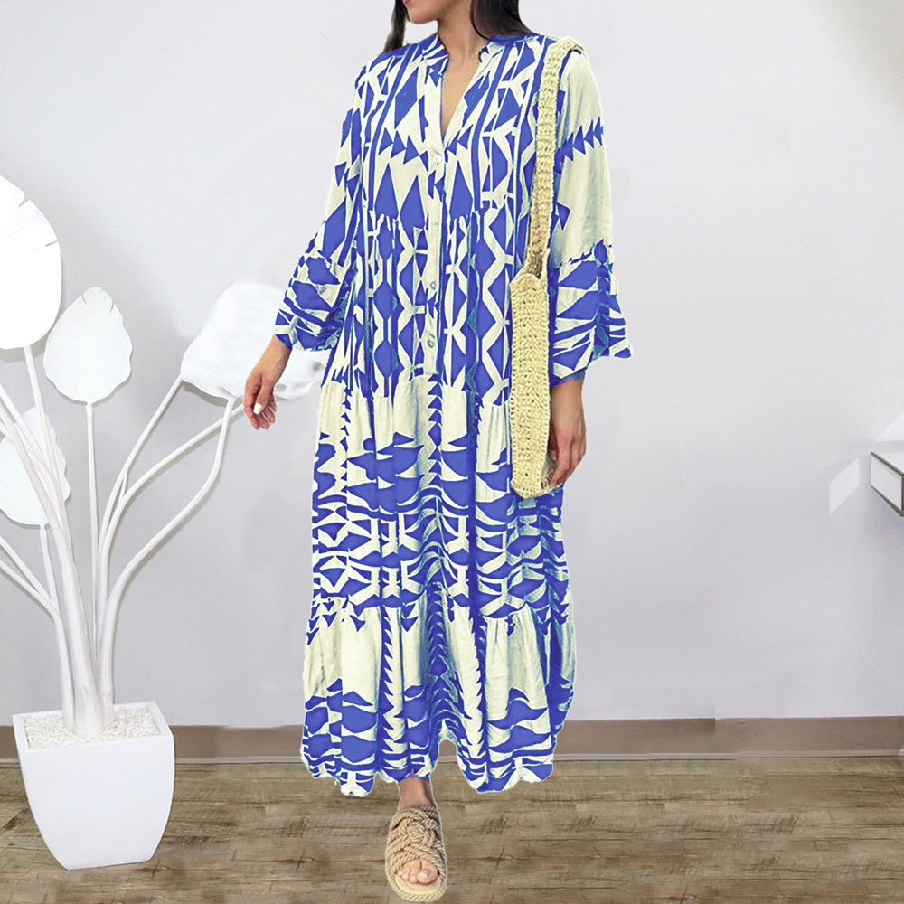 Blue and white geometric print summer maxi dress with long sleeves and button-front