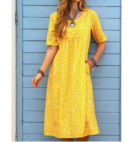 Yellow floral midi dress with short sleeves and scoop neckline