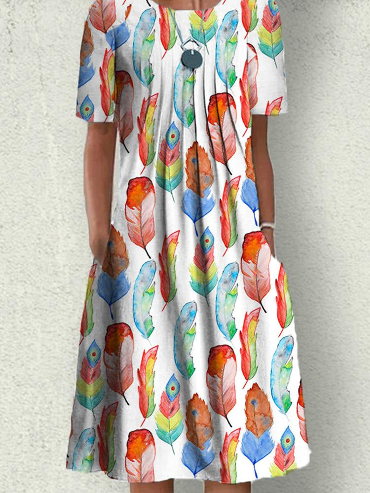 Casual white dress with multicolor feather print, short sleeves, and round neckline
