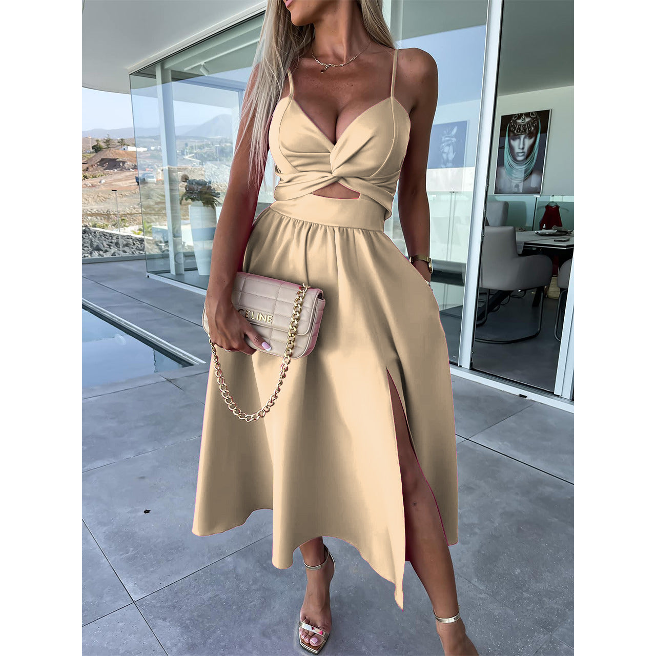 Cream satin midi dress with spaghetti straps, V neckline, front knot detail, side slit