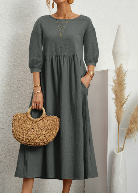 WEGAHTA long dress in dark gray-green with gathered waist and 3/4 puff sleeves