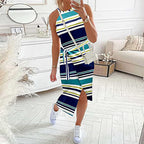 Navy striped midi dress with yellow-green lines, tie waist, sleeveless front slit