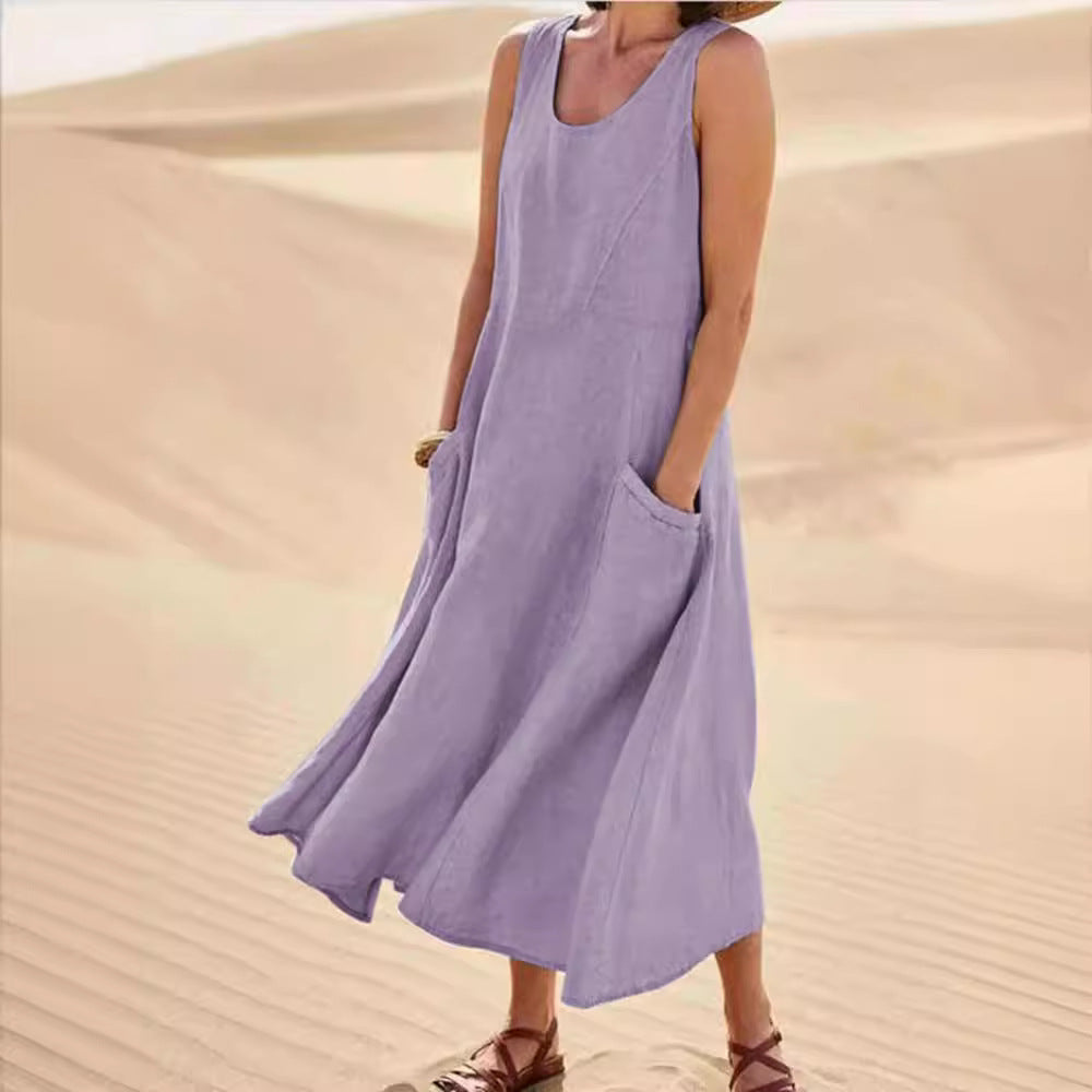 OONA sleeveless long summer dress in lavender, round neckline and side pocket