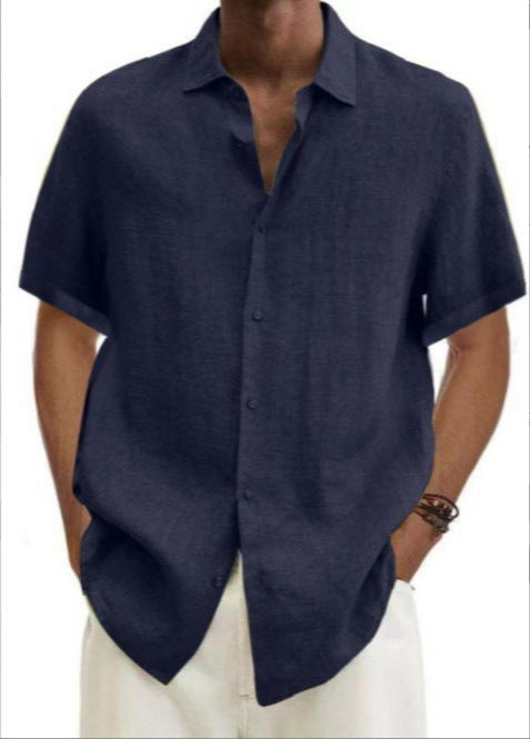 Men's short-sleeve spring shirt in navy, button-front, point collar