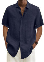 Men's short-sleeve spring shirt in navy, button-front, point collar