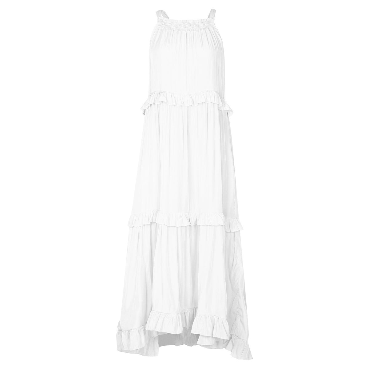 White tiered maxi dress with layered ruffle hem and sleeveless silhouette
