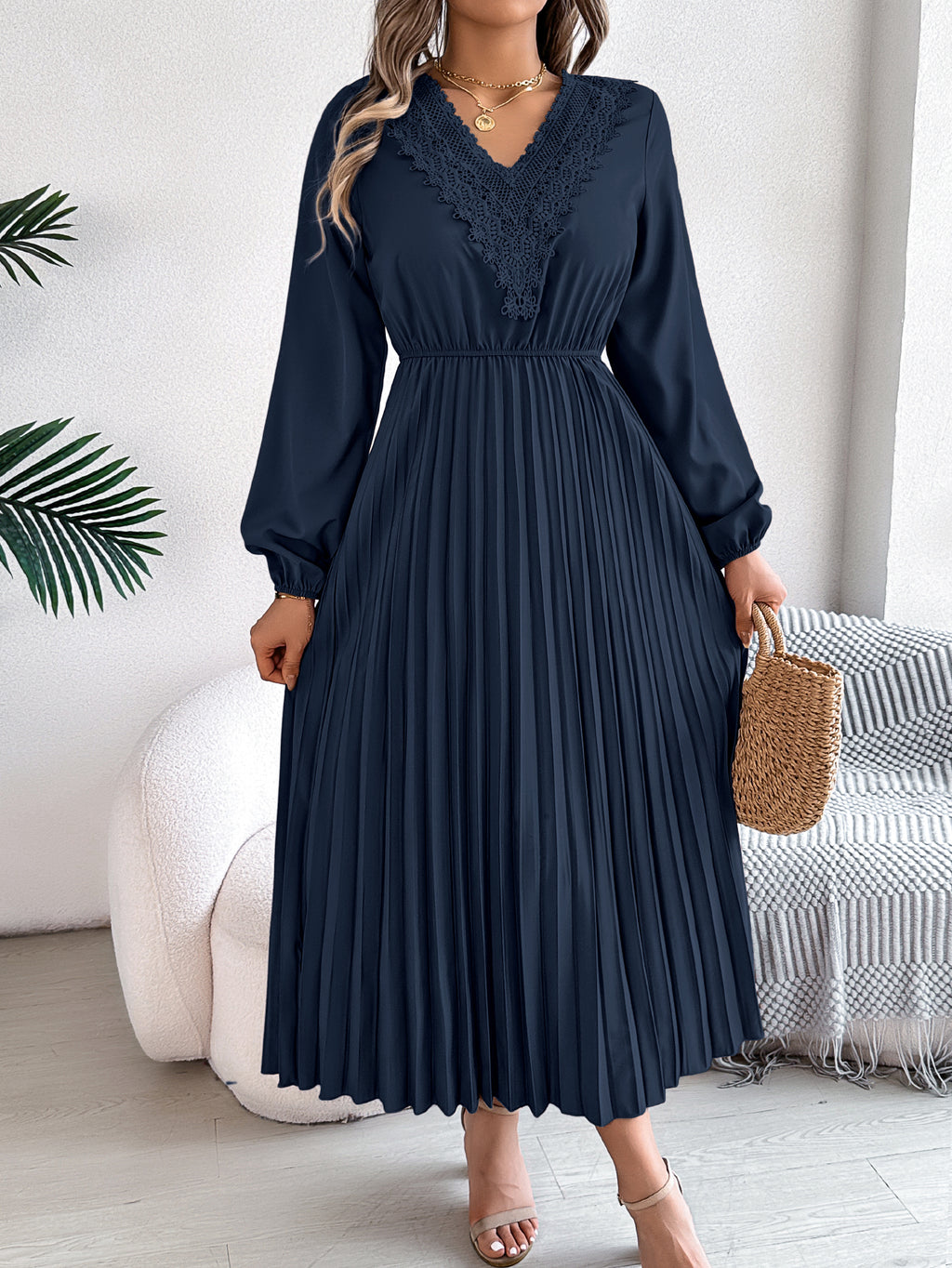 Pleated midi dress with long sleeves and lace-trim V-neck in navy blue