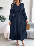 Pleated midi dress with long sleeves and lace-trim V-neck in navy blue
