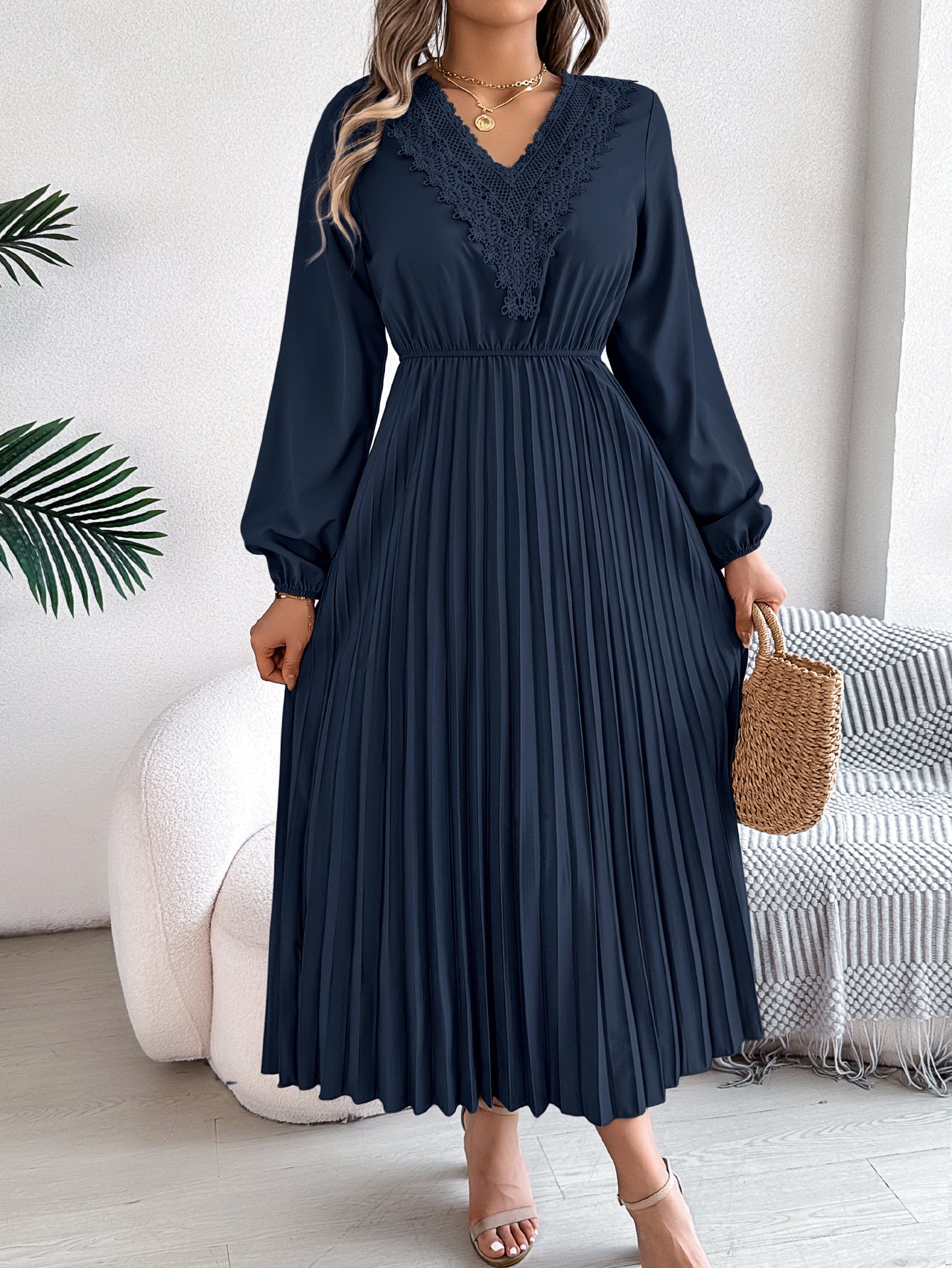 Pleated midi dress with long sleeves and lace-trim V-neck in navy blue