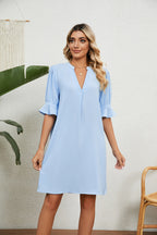 HARPER elegant casual dress, light sky blue, short sleeves, V-neck